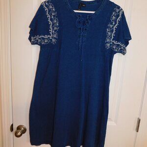 New Directions Dress Womens M Blue Denim like Embroidered Sleeve Cottagecore